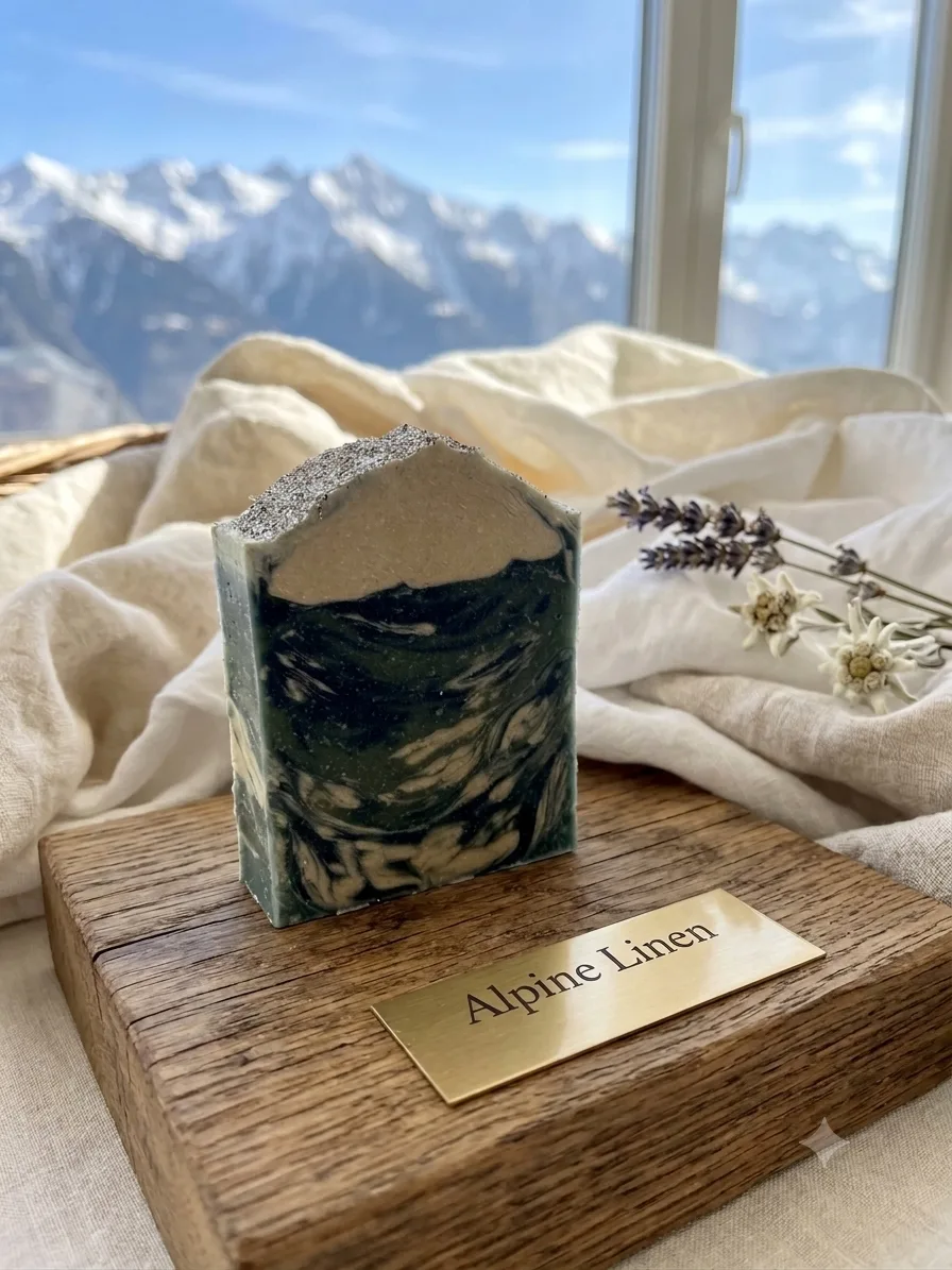 Alpine Linen goat milk soap: a mountain-peak shaped bar with a cream top over deep green and white swirls, resting on a wooden block before snowy mountain peaks.