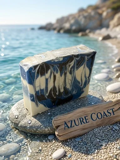 Azure Coast goat milk soap, a navy and cream marbled bar at the shoreline.