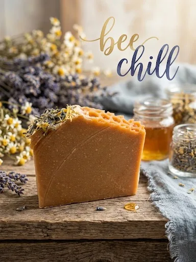 Bee Chill goat milk soap, a golden bar with a honeycomb-textured top.