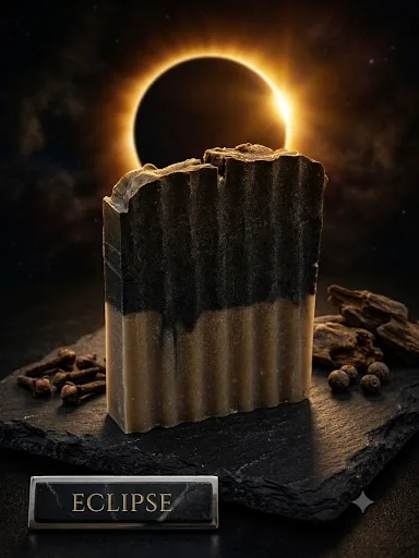 Eclipse goat milk soap, a ridged bar with a black charcoal top over a tan base.