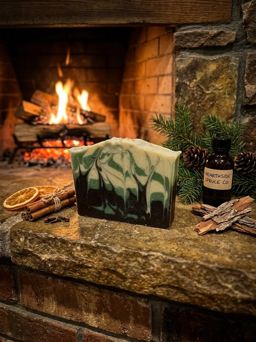 Hearthside Spruce goat milk soap: a dark green and cream swirled bar beside orange, cinnamon, cloves, and spruce in front of a glowing fireplace.