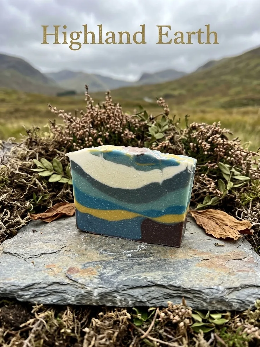 Highland Earth goat milk soap: a blue, cream, yellow, and brown layered bar on slate surrounded by heather and leaves in misty hills.