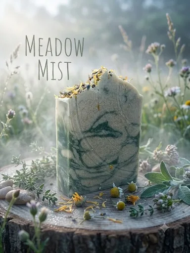 Meadow Mist goat milk soap, a green and cream swirled bar topped with dried petals.
