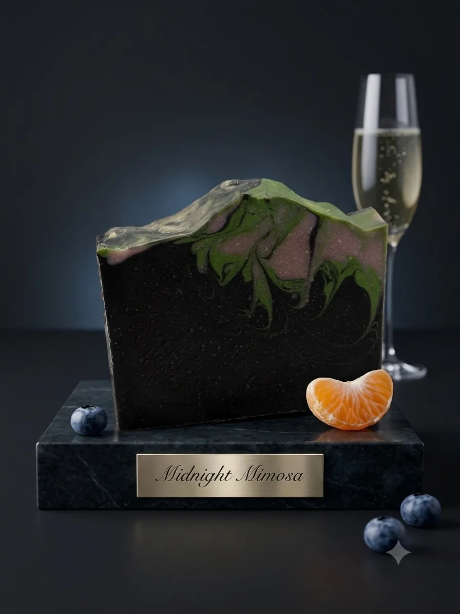 Midnight Mimosa goat milk soap: a dark charcoal bar with green and pink swirled peaks, resting on a dark marble block next to a champagne flute, blueberries, and a tangerine slice.