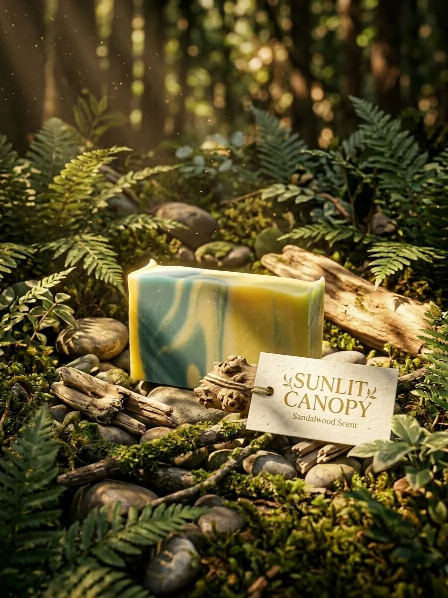 Sunlit Canopy goat milk soap: a blue and yellow swirled bar among ferns, pebbles, and driftwood in a sun-dappled woodland.