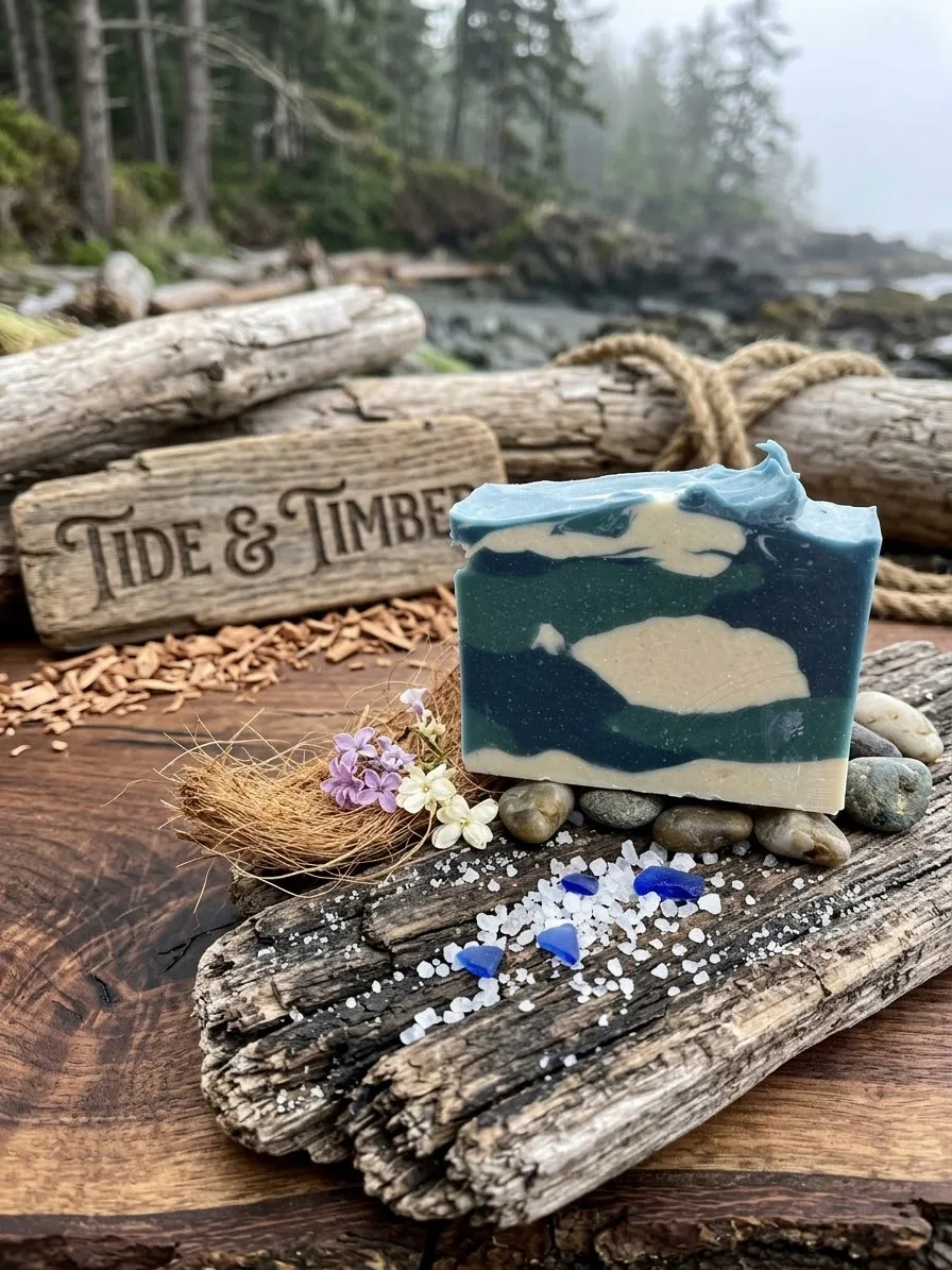 Tide and Timber goat milk soap: a blue, green, and cream swirled bar on driftwood beside sea glass, coconut fibers, and flowers on a misty shore.